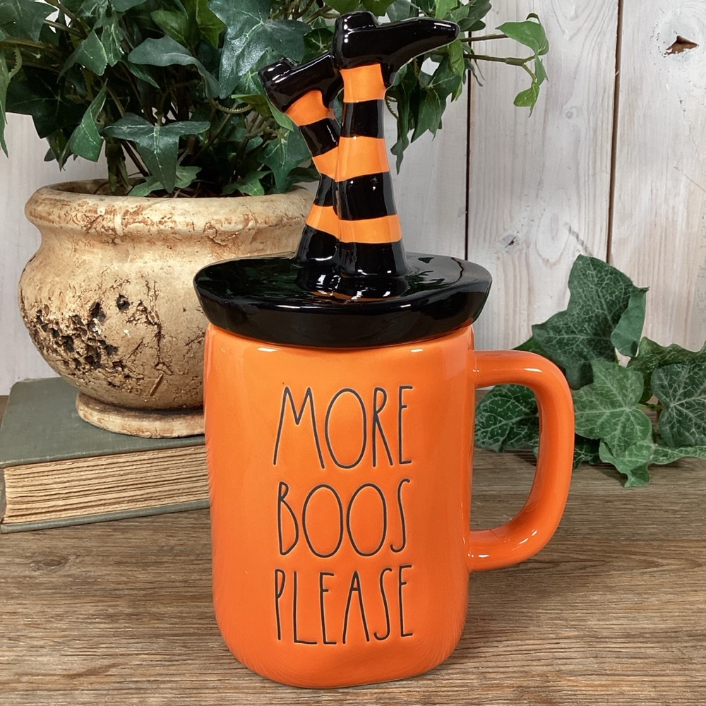 Rae Dunn MORE BOOS PLEASE Orange Mug With Witch’s Legs Topper  Halloween